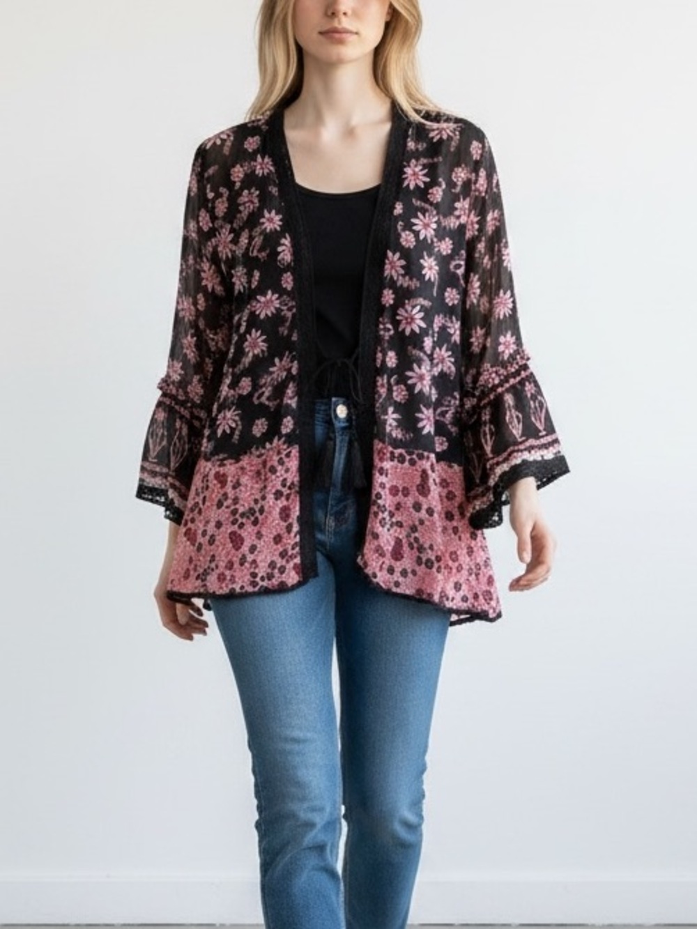 NEW Free People Lola Mixed Print Kimono Black Floral Sz M
